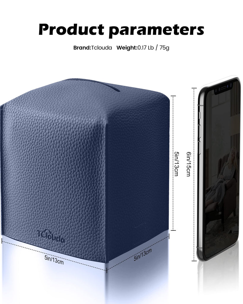 Tclouda Tissue Box Cover for PU Leather, Modern Simple Solid Color Holder Square Tissue Bag, Ideal for Bathrooms,Office,Car,Outdoor Tent,Dining Table,5"X5"X5", Double Navy Blue