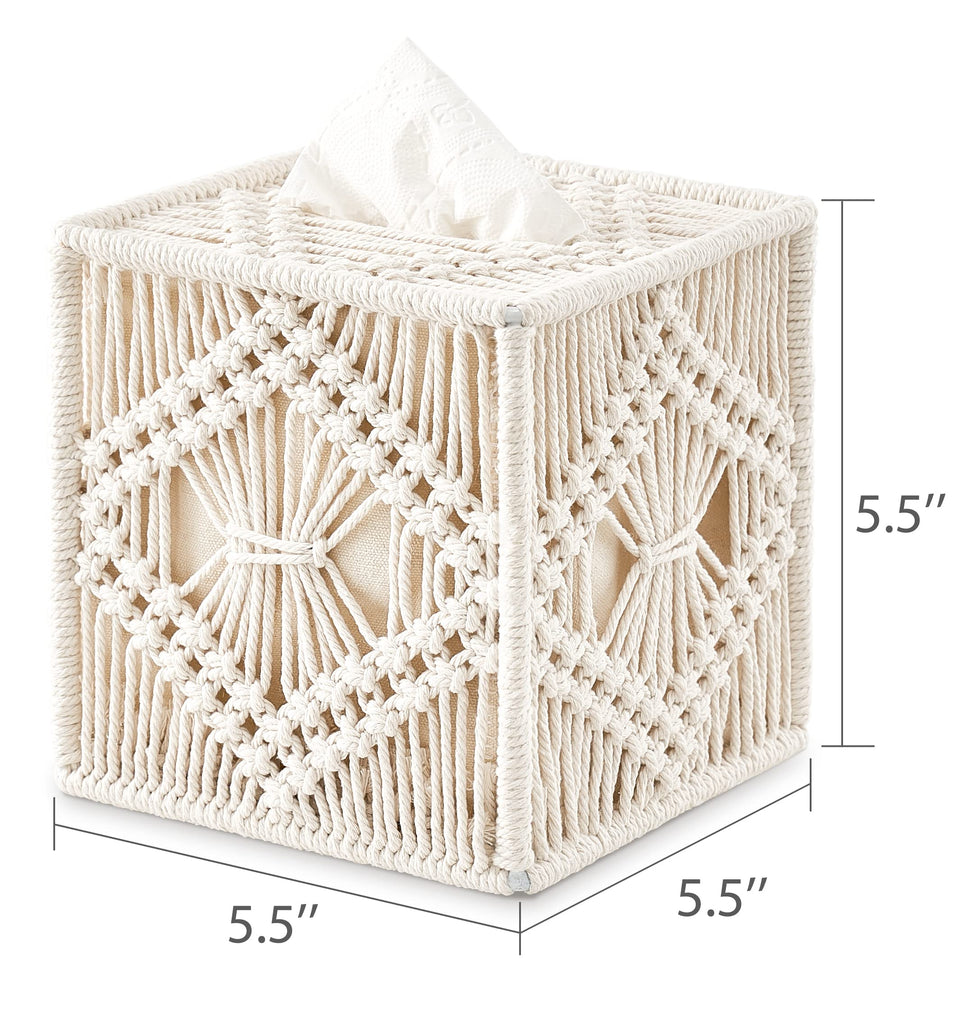 Mkono Tissue Box Cover Square, Boho Macrame Decor Open-Bottom Holder, Ivory