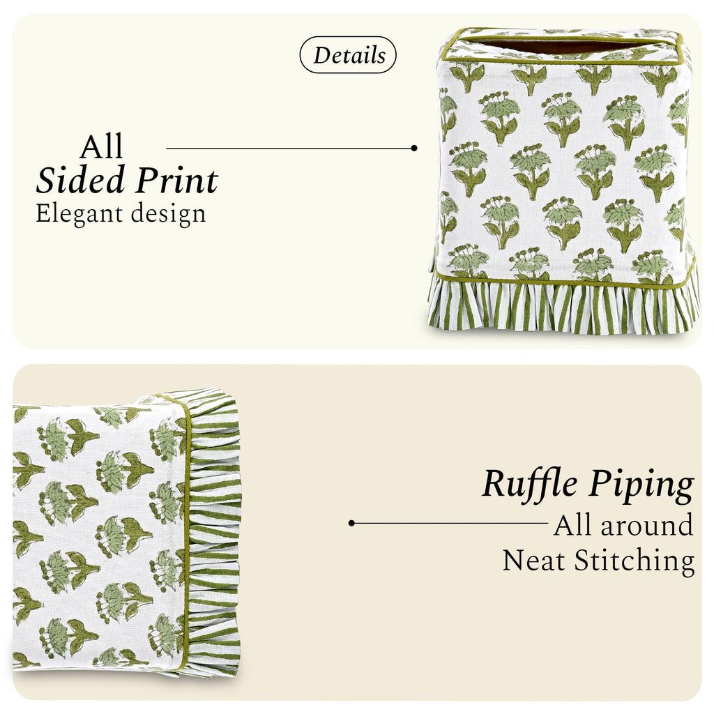 CPC 100% Cotton Ruffle Block Print Tissue Box Cover, Emerald Green