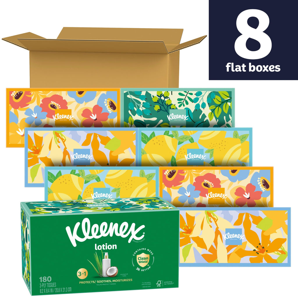 Kleenex Lotion Facial Tissues, 8 Flat Boxes, 180 Tissues per Box