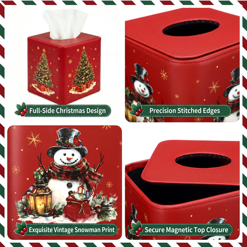 Thyle 2 Pcs Christmas Square Tissue Box Cover Red PU Leather Christmas Tree Snowman Tissue Box Holder Closure Xmas Decorations Cube Napkin Holder for Kitchen Car Home Office Living Room Bedroom