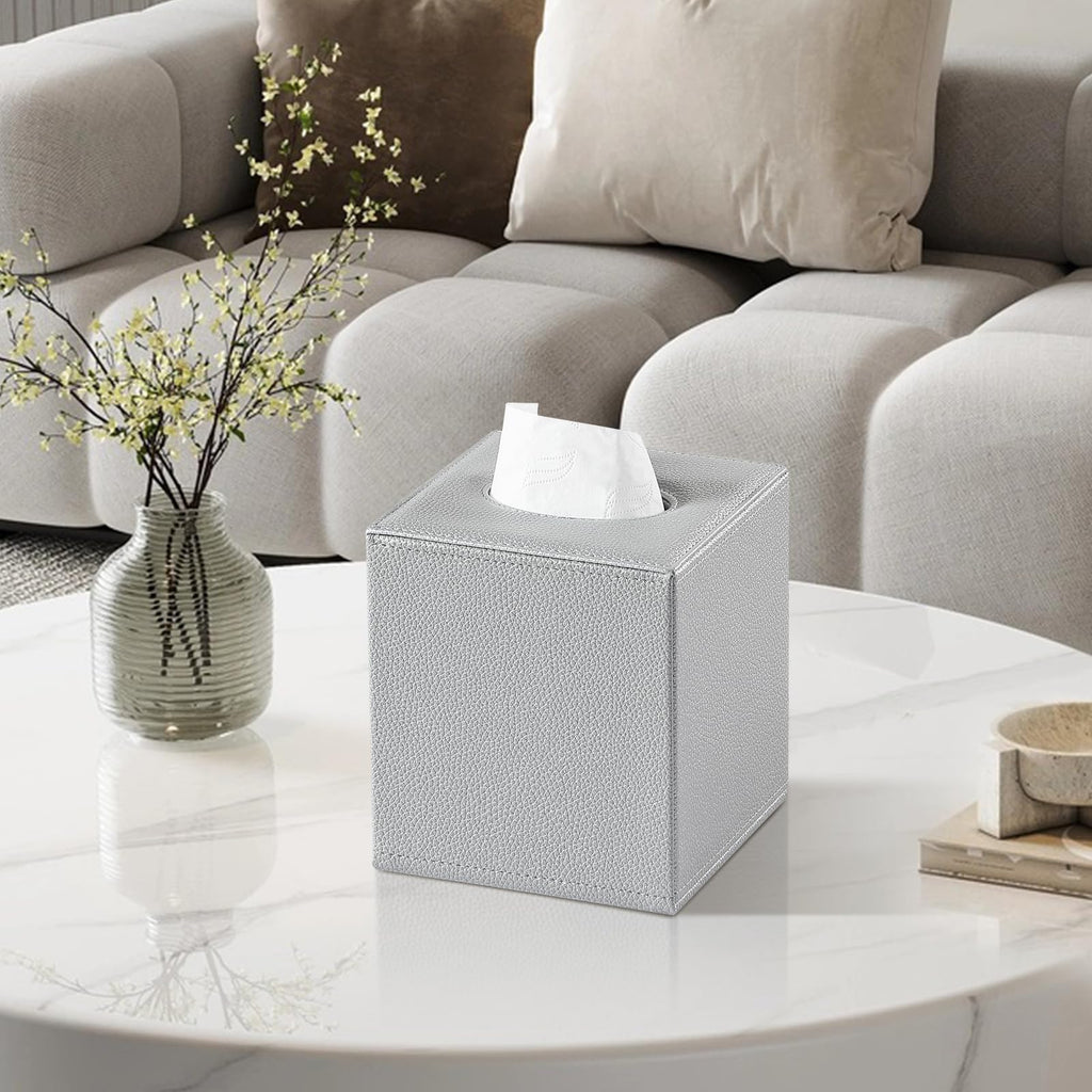 JLAMBOM PU Leather Tissue Box Cover Square Tissue Box Holder (Silver)