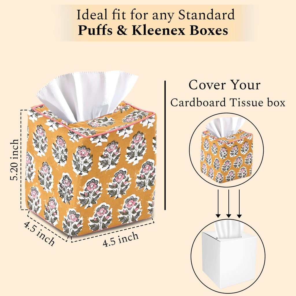 CPC 100% Cotton Piping Block Print Tissue Box Cover, Citrine Yellow