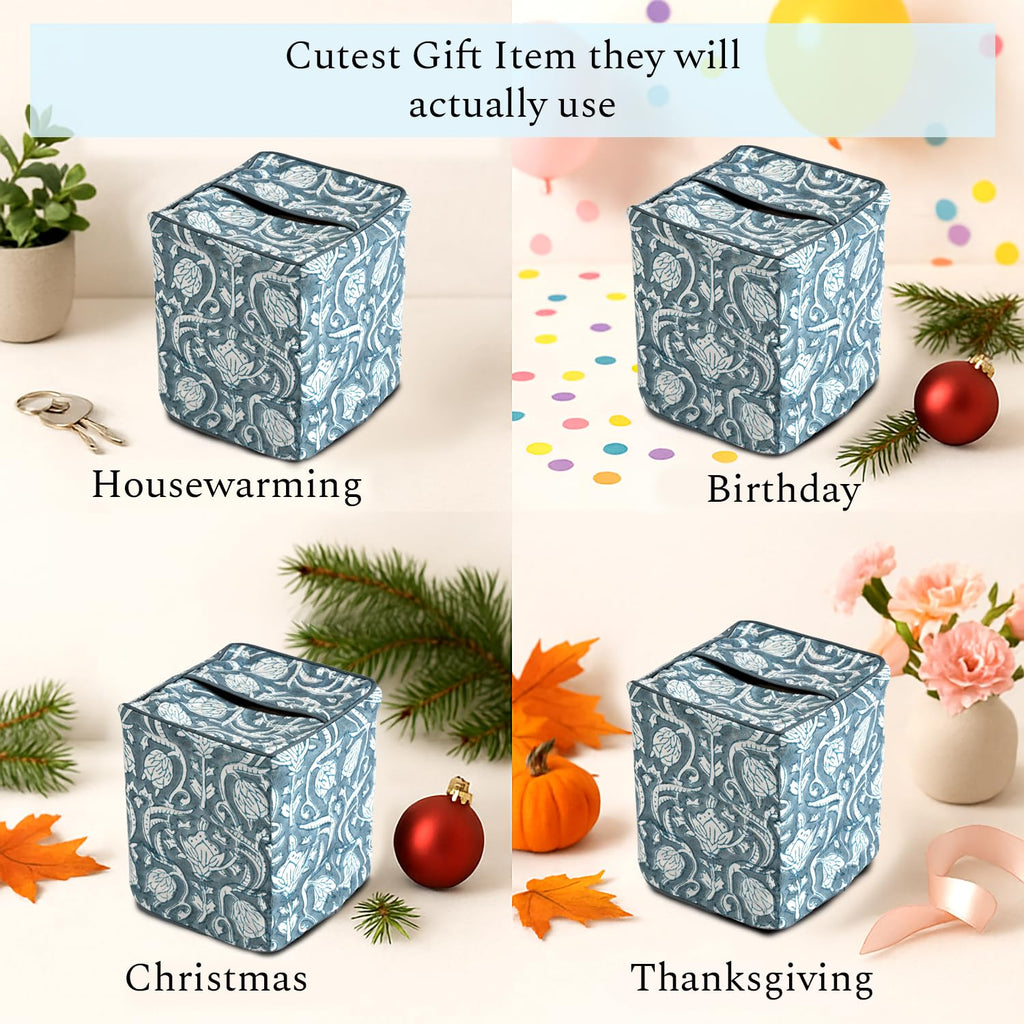 CPC 100% Cotton Piping Block Print Tissue Box Cover, Azure Regal