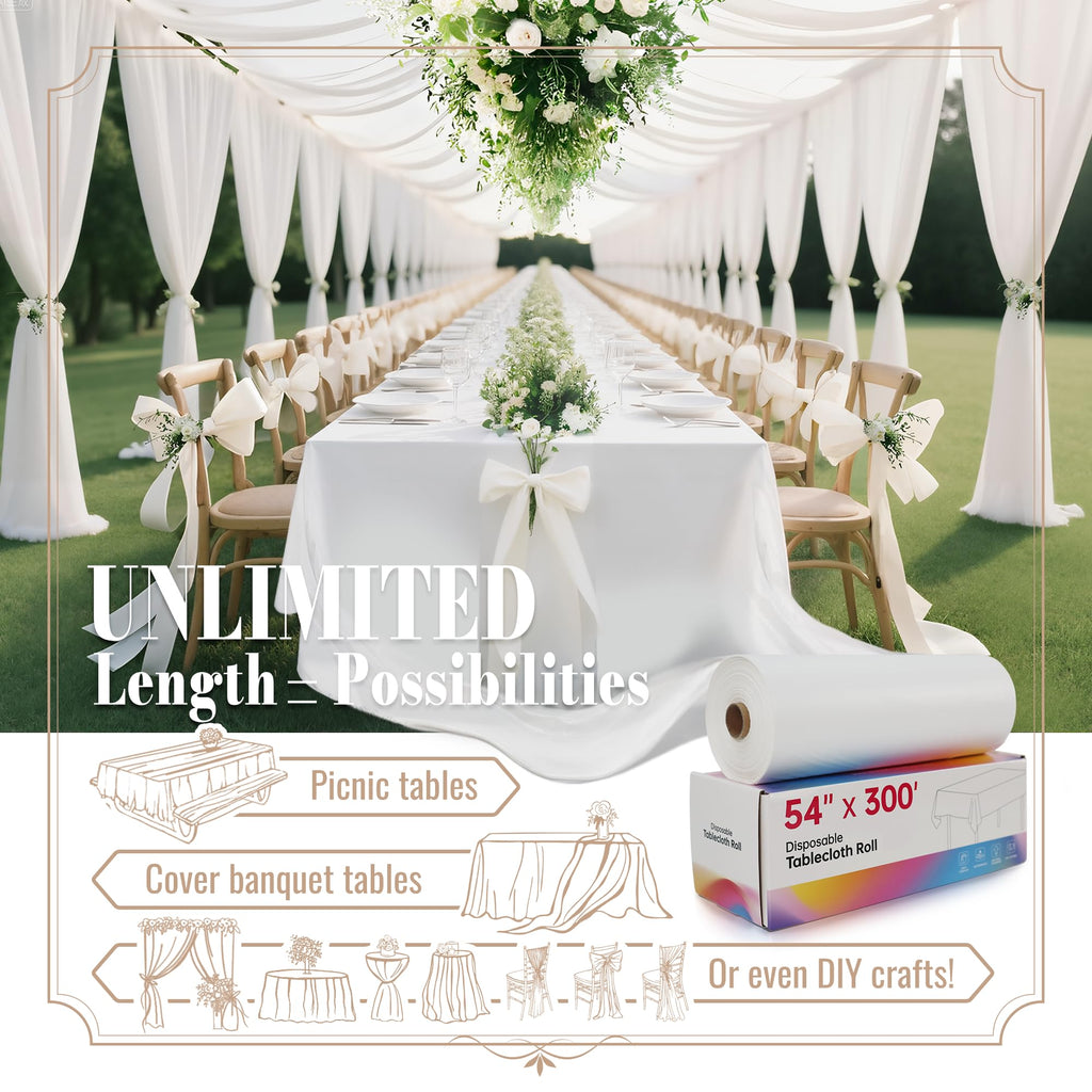 Plastic Table Cloth Disposable, 54In X 300Ft White Table Cover Roll