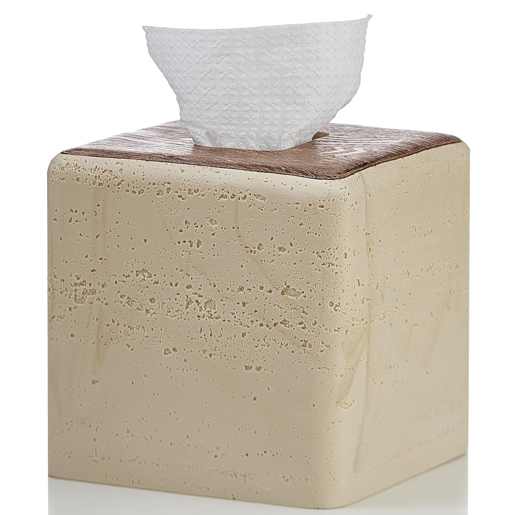 Natural Travertine & Wood Textures Tissue Box Cover Square for Home Decor,Resin Heavy Tissue Box Holder for Bathroom Countertop,Tabletop,Bedside Table,Office (Handmade of Resin)