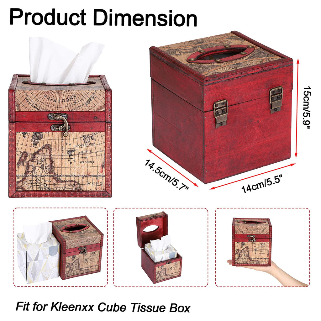 Sumnacon Wood Tissue Box Cover Square, Vintage Retro Tissue Holder, Red