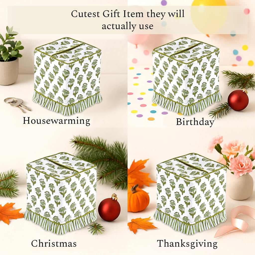 CPC 100% Cotton Ruffle Block Print Tissue Box Cover, Emerald Green
