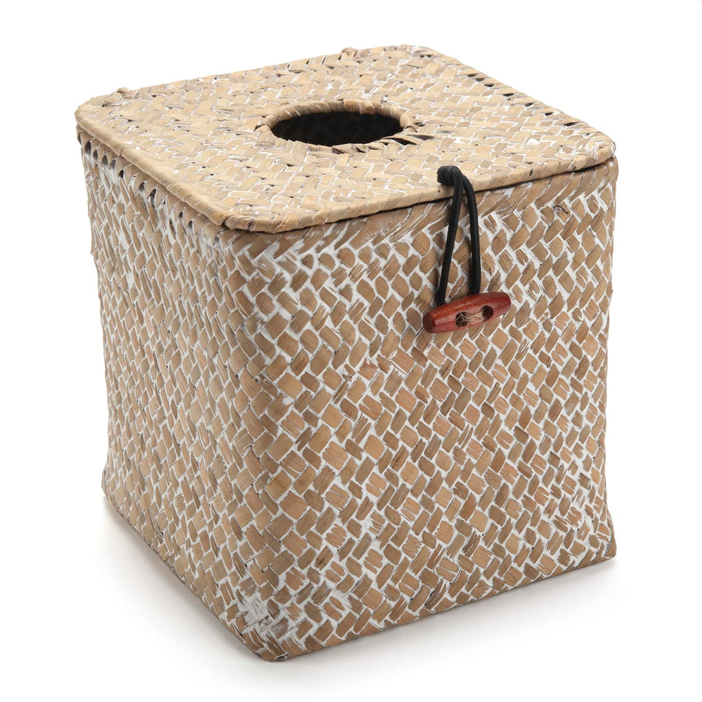Tissue Box Cover Square, Seagrass Tissue Box Holder, Woven Facial Tissue Holder, Rattan Wicker Tissue Box, Decorative Tissue Cover for Dinner Table, Living Room, Bathroom, Bedroom, Office (Whitewash)