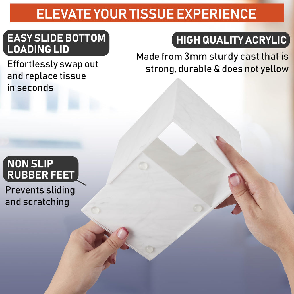 Acrylic Tissue Box Holder, Square Dispenser for Facial Tissues, Napkins, and Dryer Sheets. Perfect for Bathrooms, Desks, Countertops, Vanities, Bedrooms, and Nightstands (Square, Marble)