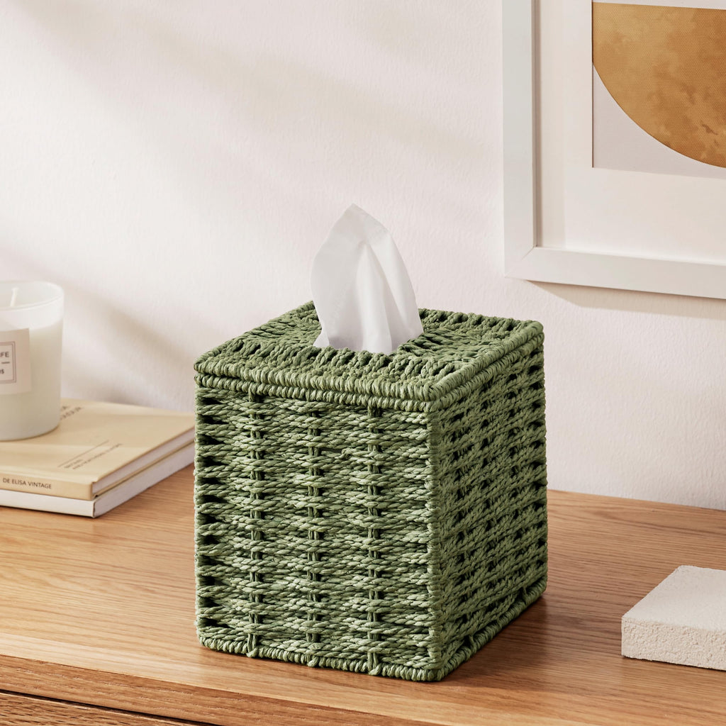 Sage Green Tissue Box Cover, Hand Woven Square Tissue Box Holder