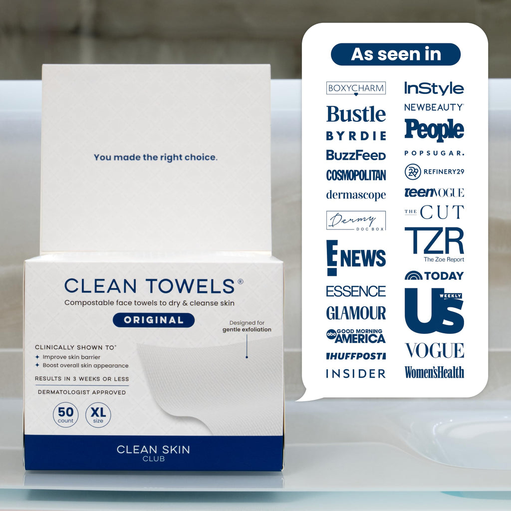 Clean Skin Club Clean Towels XL®, 100% USDA Biobased Face Towel, Disposable Face Towelette, Eczema Association Accepted, Makeup Remover Dry Wipes, Ultra Soft, 50 ct per pack, 6 Packs, 300 Ct Total