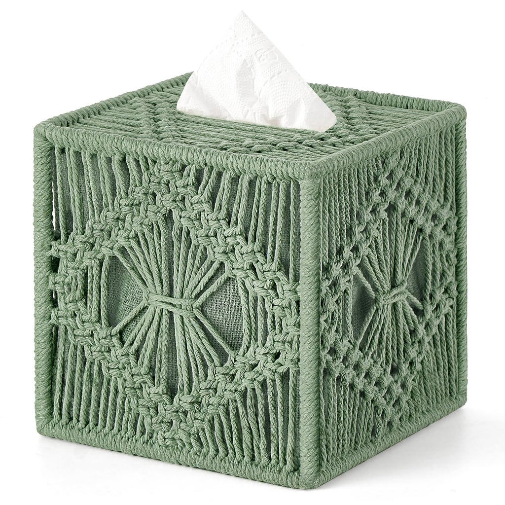 Mkono Tissue Box Cover Square, Boho Macrame Decor Open-Bottom Holder, Green
