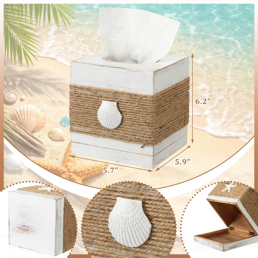 Thyle 2 Pcs Christmas Coastal Tissue Box Cover, Rustic Square Tissue Holder