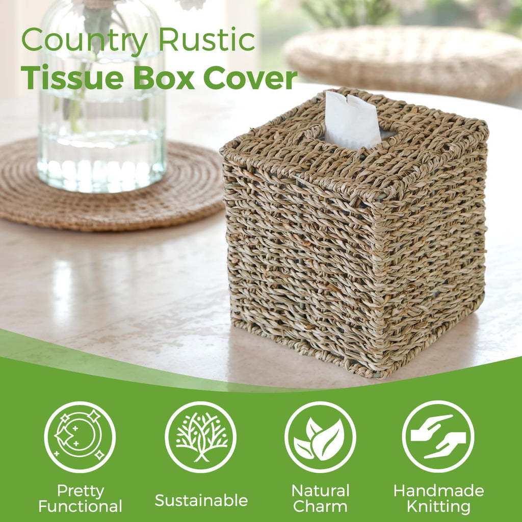 Seagrass Tissue Box Cover Square, Handwoven Facial Tissue Box Holder