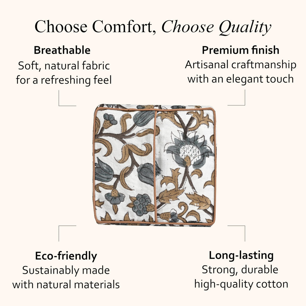 CPC 100% Cotton Piping Block Print Tissue Box Cover, Autumn Vine