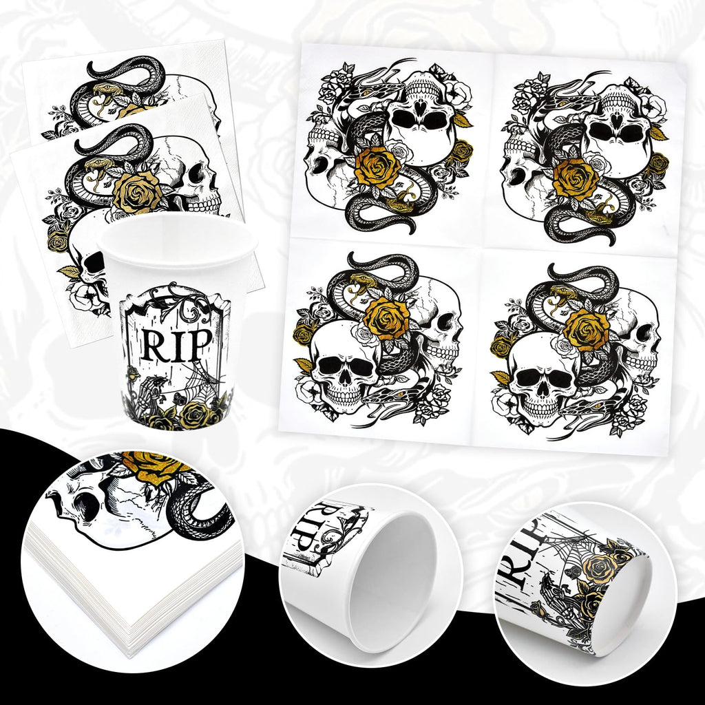 121 Pcs Gothic Halloween Party Tableware Set for 24 Guests – Black Skull Skeleton Disposable Plates, Cups, Napkins and Tablecloth for Spooky Gothic Halloween Party Decorations