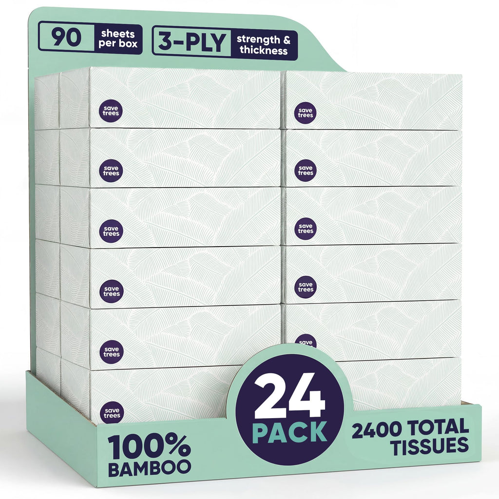 Save Trees Bamboo Facial Tissues -24 Boxes- Bamboo Tissue Boxes, 90 Hypoallergenic Facial Tissues per Box - Unscented, Fragrance-Free, Eco-Friendly Tissues in Plastic-Free Packaging