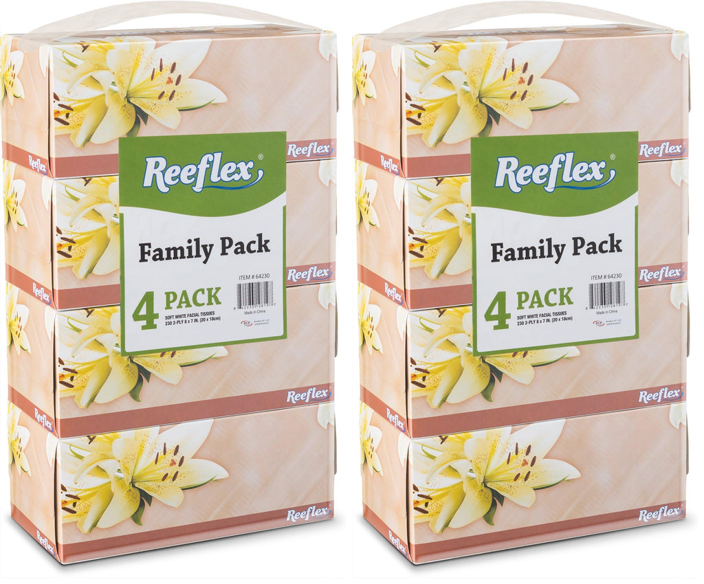 Reeflex Facial Tissues, 2-Ply Soft Facial Tissue - 4 Boxes, 230 Sheets Per Box (920 Total Sheets), Gentle & Durable Tissue Boxes Bulk for Home, Office & Travel (Pack of 2)