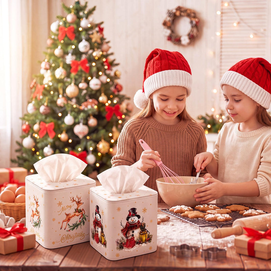 Thyle 2 Pcs Christmas Square Tissue Box Cover PU Leather Reindeer Snowman Tissue Box Holder Closure Xmas Decorations Cube Napkin Holder for Kitchen Car Home Office Living Room Bedroom