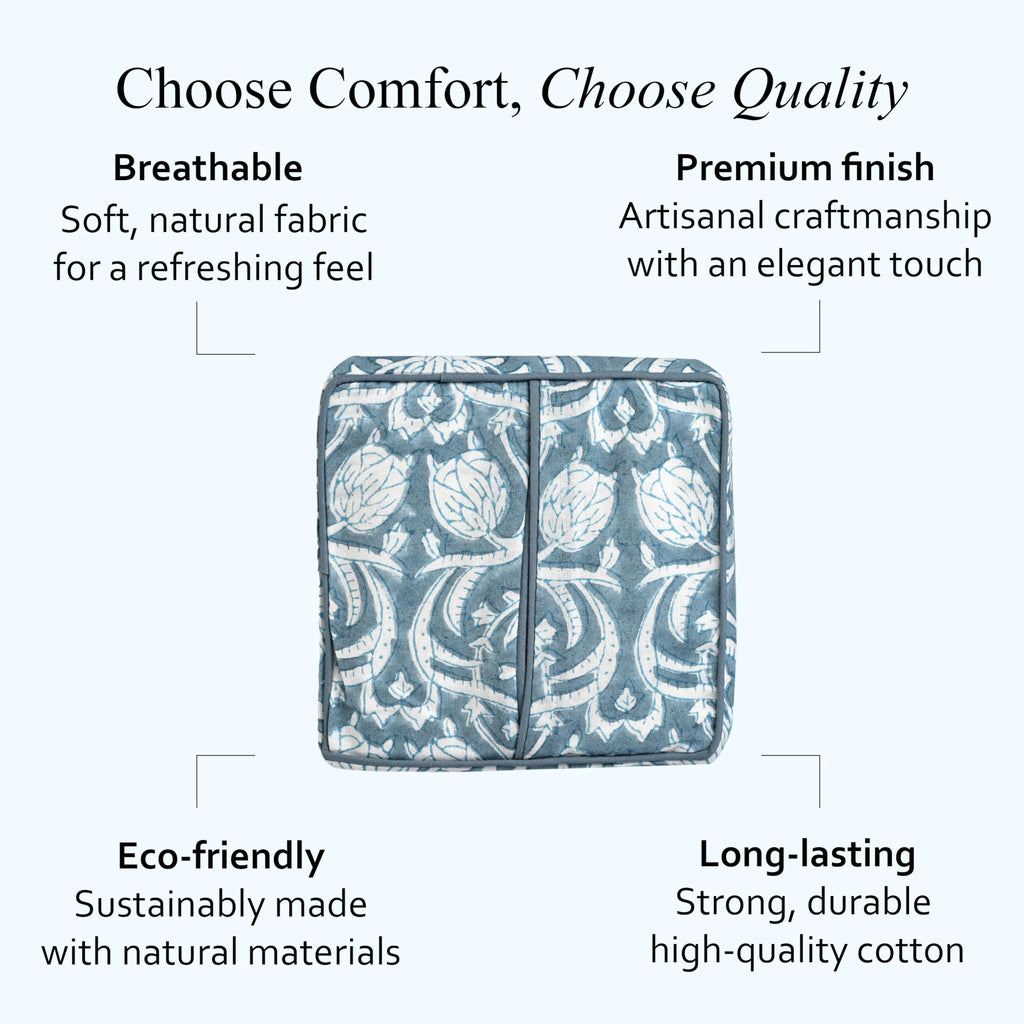 CPC 100% Cotton Piping Block Print Tissue Box Cover, Azure Regal