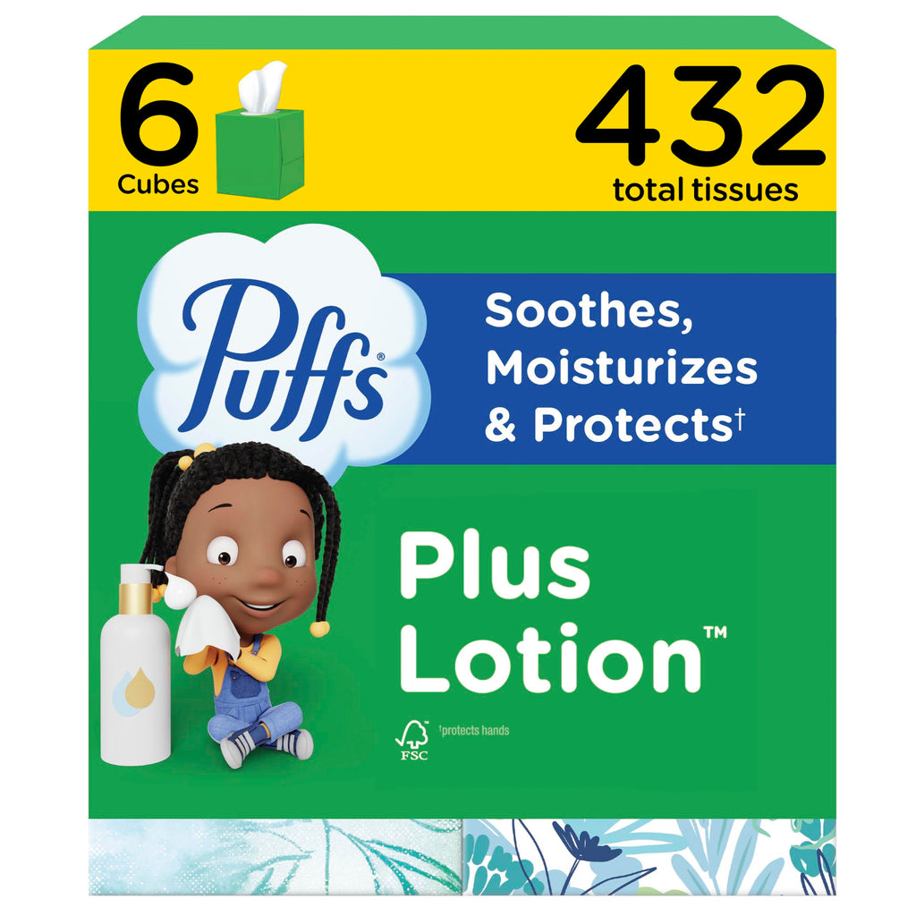 Puffs Facial Tissue Plus Lotion, Mega Cube Box, 72 Tissues Per Box, 6 Count