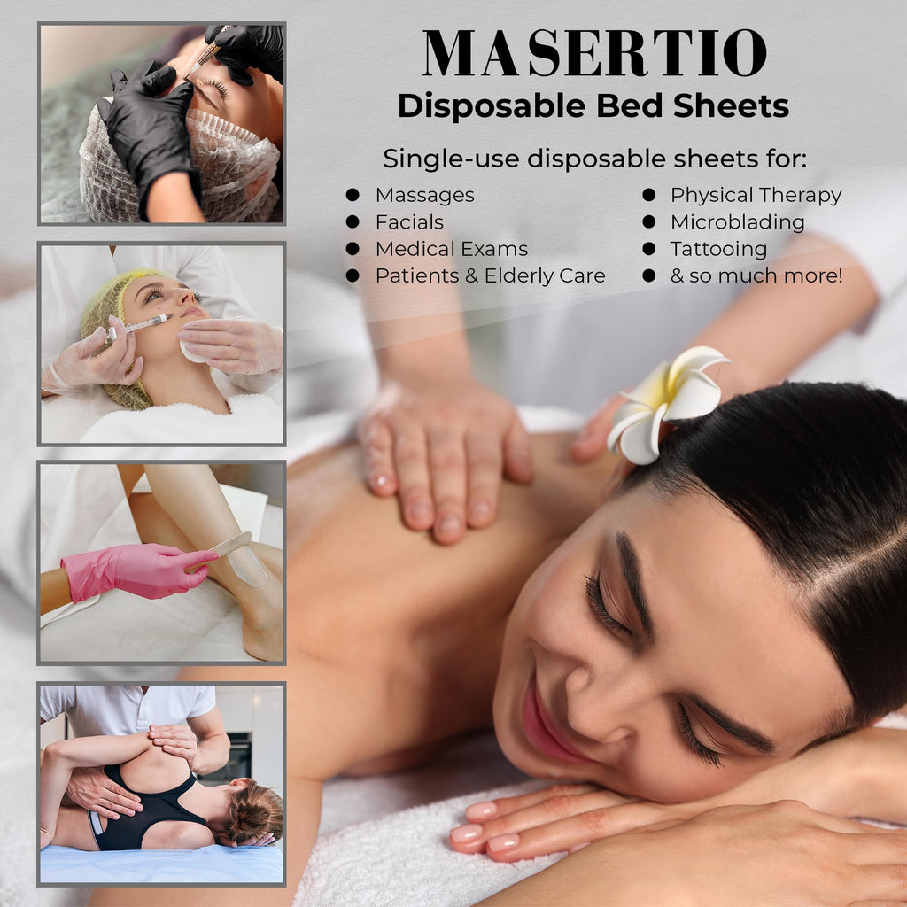 MASERTIO Disposable Massage Bed Cover - 60 Sheets Per Roll, Non-woven Material - Ideal for Spa, Tattoo, Waxing - No Crinkle Table Sheets - 31.5 x 71 Inches (2 Rolls)