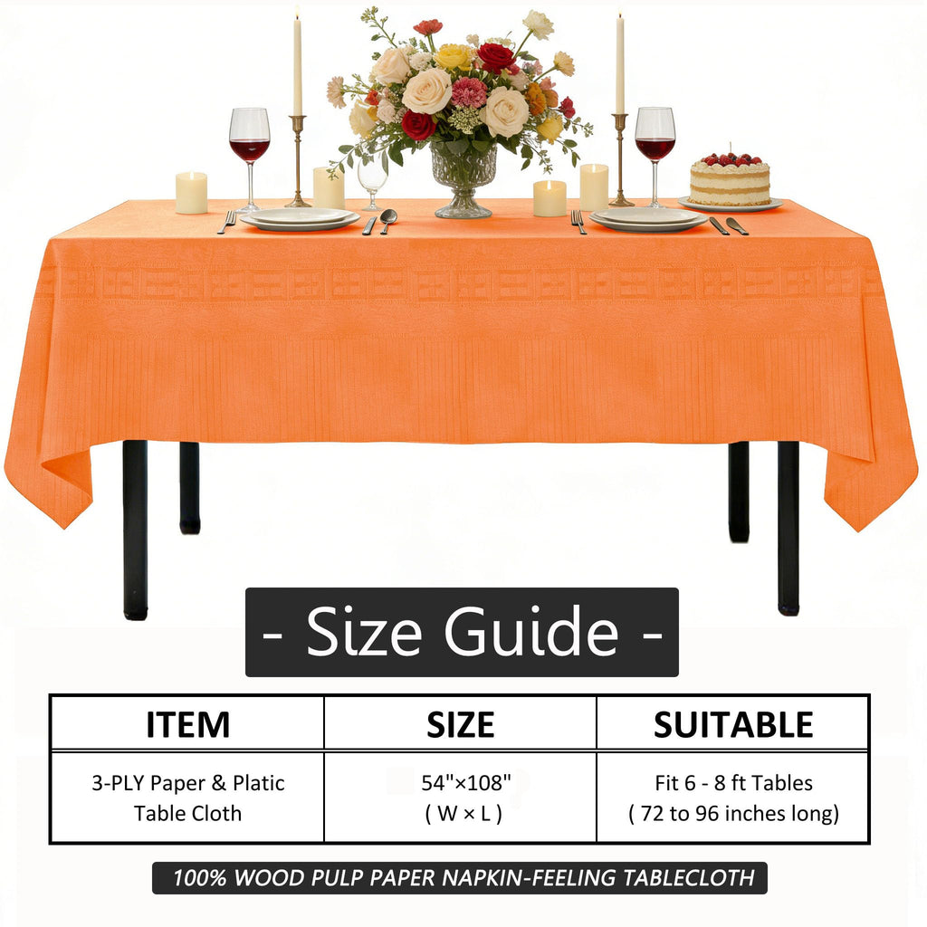 TheoZemica Orange Paper Tablecloths for Rectangle Tables 6 Pcs, 54"×108", Waterproof Paper Table Cloth with Plastic Backing, Disposable 3-Ply Paper & Plastic Table Cover for Party Fall Thanksgiving