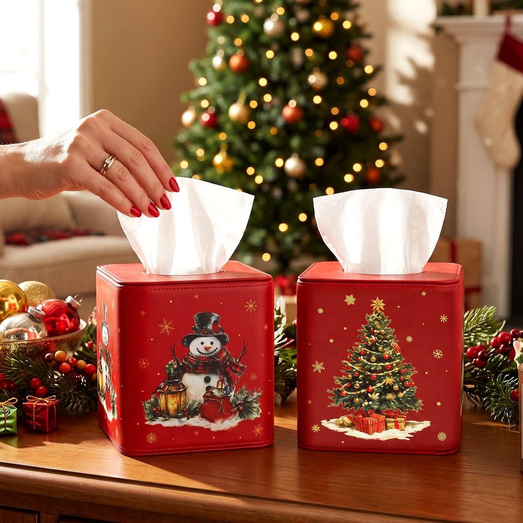 Thyle 2 Pcs Christmas Square Tissue Box Cover Red PU Leather Christmas Tree Snowman Tissue Box Holder Closure Xmas Decorations Cube Napkin Holder for Kitchen Car Home Office Living Room Bedroom