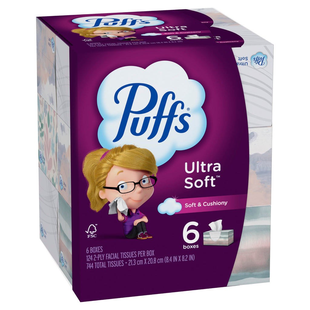 Puffs Facial Tissues Ultra Soft, 24 Family Rectangle Boxes, 124 Facial Tissues per Box, Allergies and Colds (Packaging May Vary)