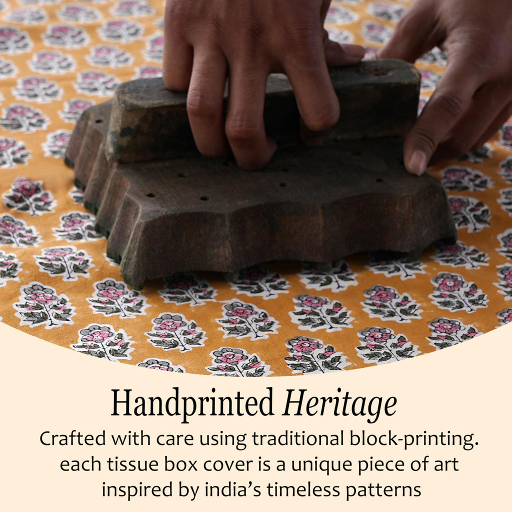 CPC 100% Cotton Piping Block Print Tissue Box Cover, Citrine Yellow