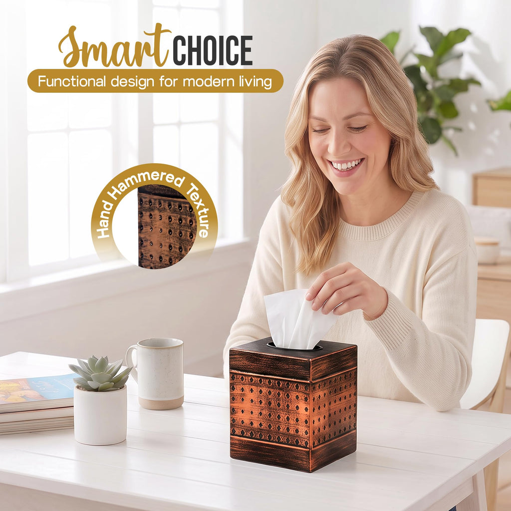 LUXMODE Handmade Metal Brown Tissue Box Cover – Square – 5x5x5.25 Inch – Open Bottom - Modern Tissue Holder for Bathroom, Living Room, Bedroom & Office Décor