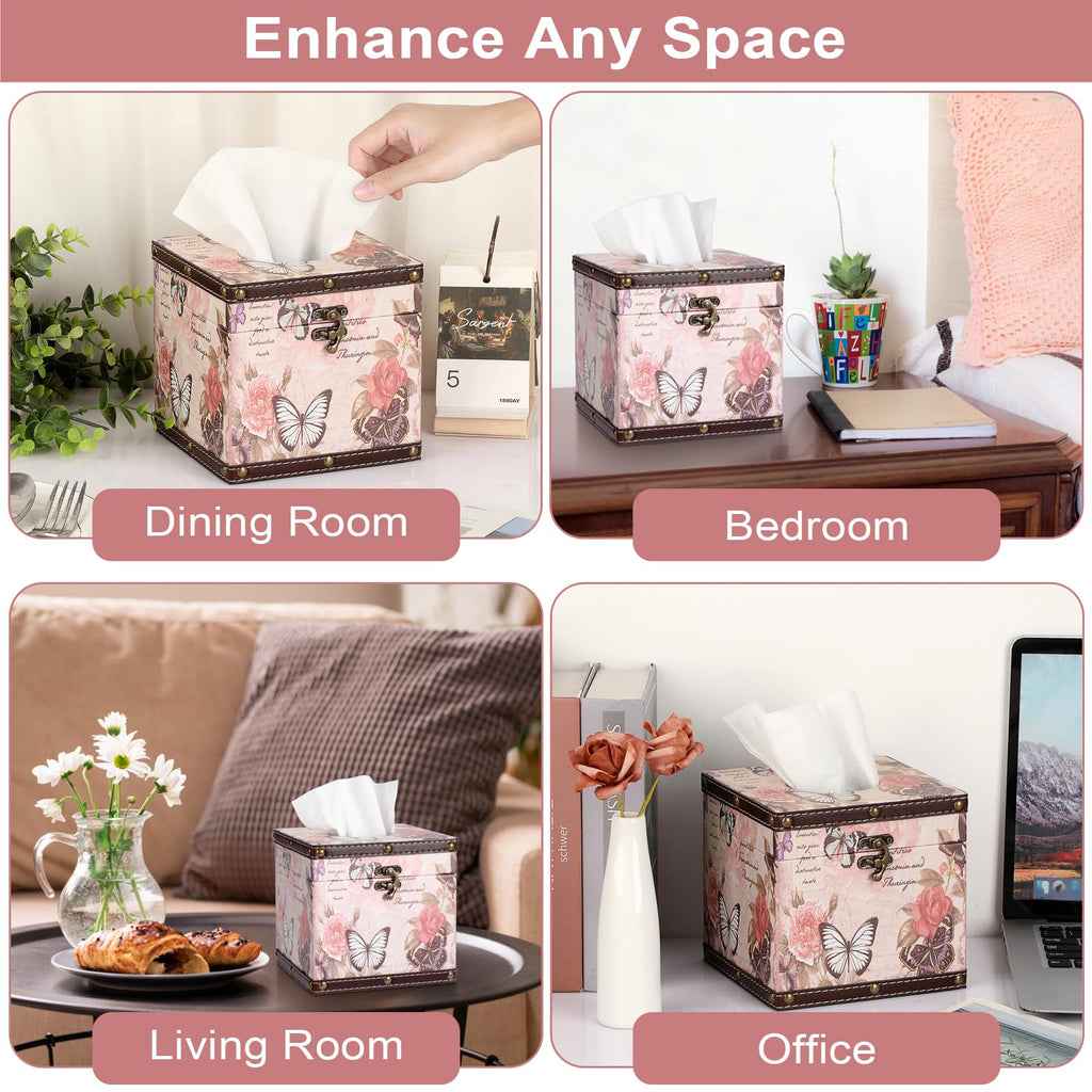 Hoowen Butterfly Tissue Box Cover, Wood Square Tissue Holder, Stylish Pink