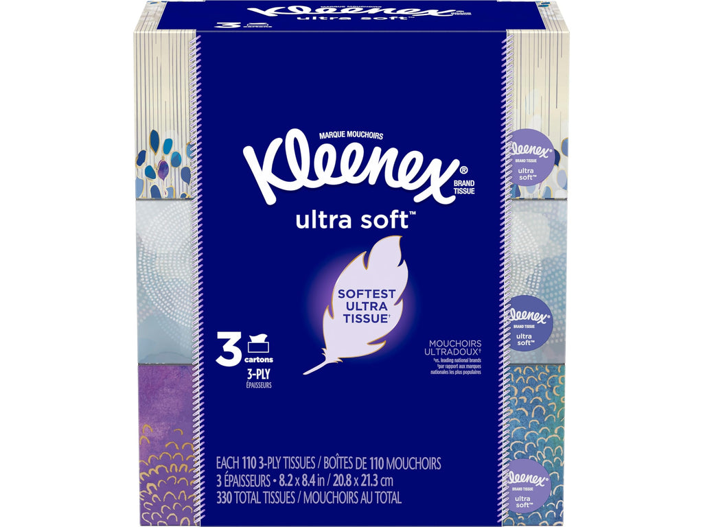 Kleenex Ultra Soft Facial Tissues, 3 Flat Boxes, 110 Tissues per Box (330 Total Tissues)