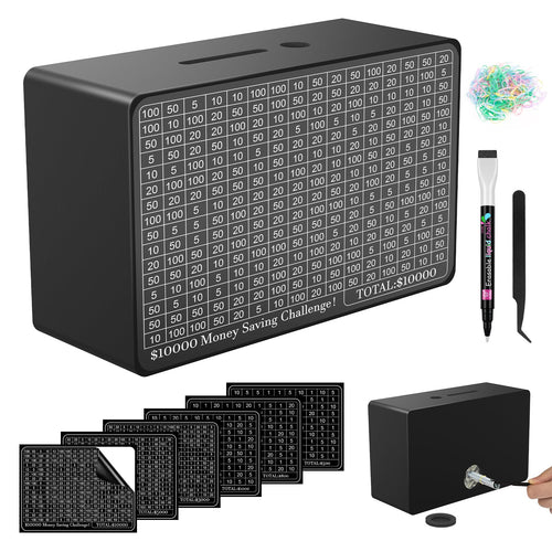 Wooden Money Saving Box, Cash Vault Savings Box for $10000 $5000 $3000 $1000 $800 $500 Target Money Saving Challenge, Reusable Money Box with Counter, Dry Erase Pen/Savings Trackers/Rubber Band-Black