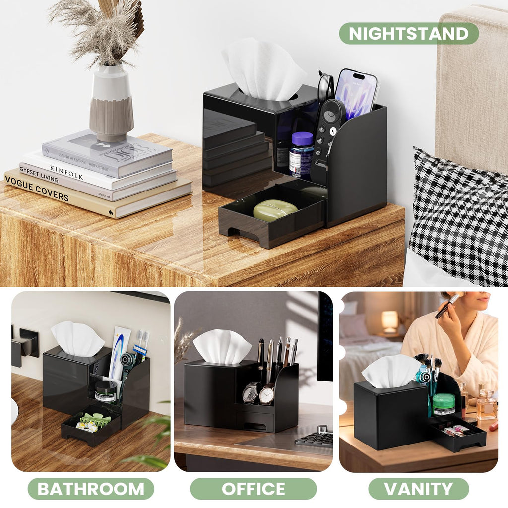 Plastic Square Tissue Box Cover, Multi-Functional Tissue Holder, Black