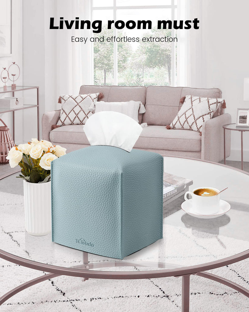 Tclouda Tissue Box Cover for PU Leather, Modern Simple Solid Color Holder Square Tissue Bag, Ideal for Bathrooms,Office,Car,Nightstand,Outdoor Tent,Dining Table,5"X5"X5", Single Blue