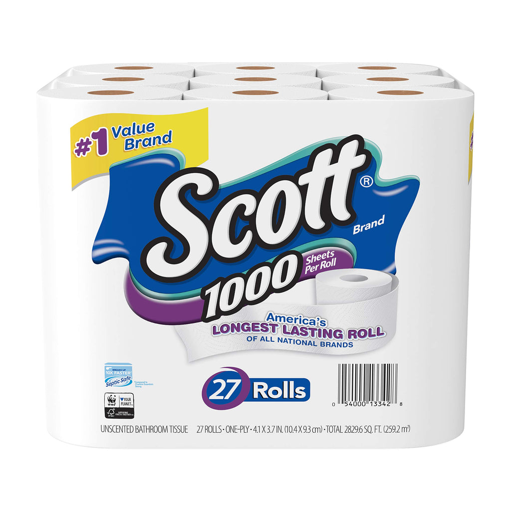 Scott 1000 Sheets Per Roll Toilet Paper, 27 Rolls, Bath Tissue