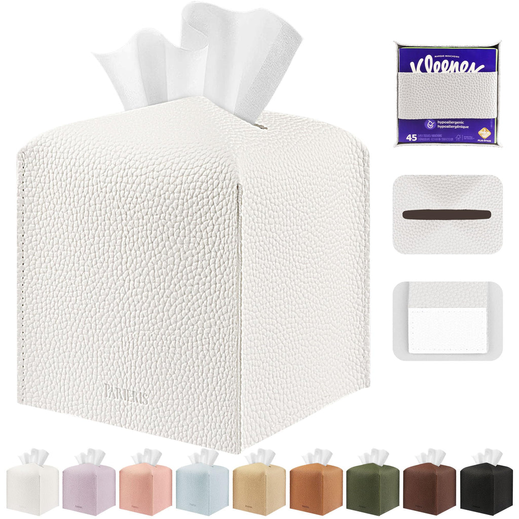 PARIERIS Tissue Box Cover Holder Square Tissue Cube Cover PU Leather Tissue Organizer with Bottom Belt for Bathroom, Tabletop, Car, Night Stands, Office, Home, Kitchen (1, White)