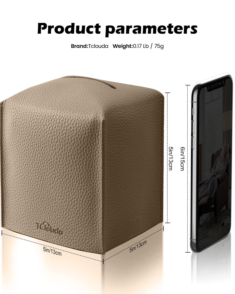 Tclouda Tissue Box Cover for PU Leather, Modern Simple Solid Color Holder Square Tissue Bag, Ideal for Bathrooms,Office,Car,Outdoor Tent,Dining Table,5"X5"X5", Double Cocoa Brown