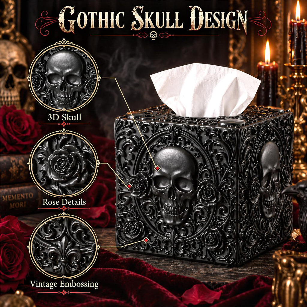 Pinkunn Halloween Skull Tissue Box Cover Black Square Gothic Style