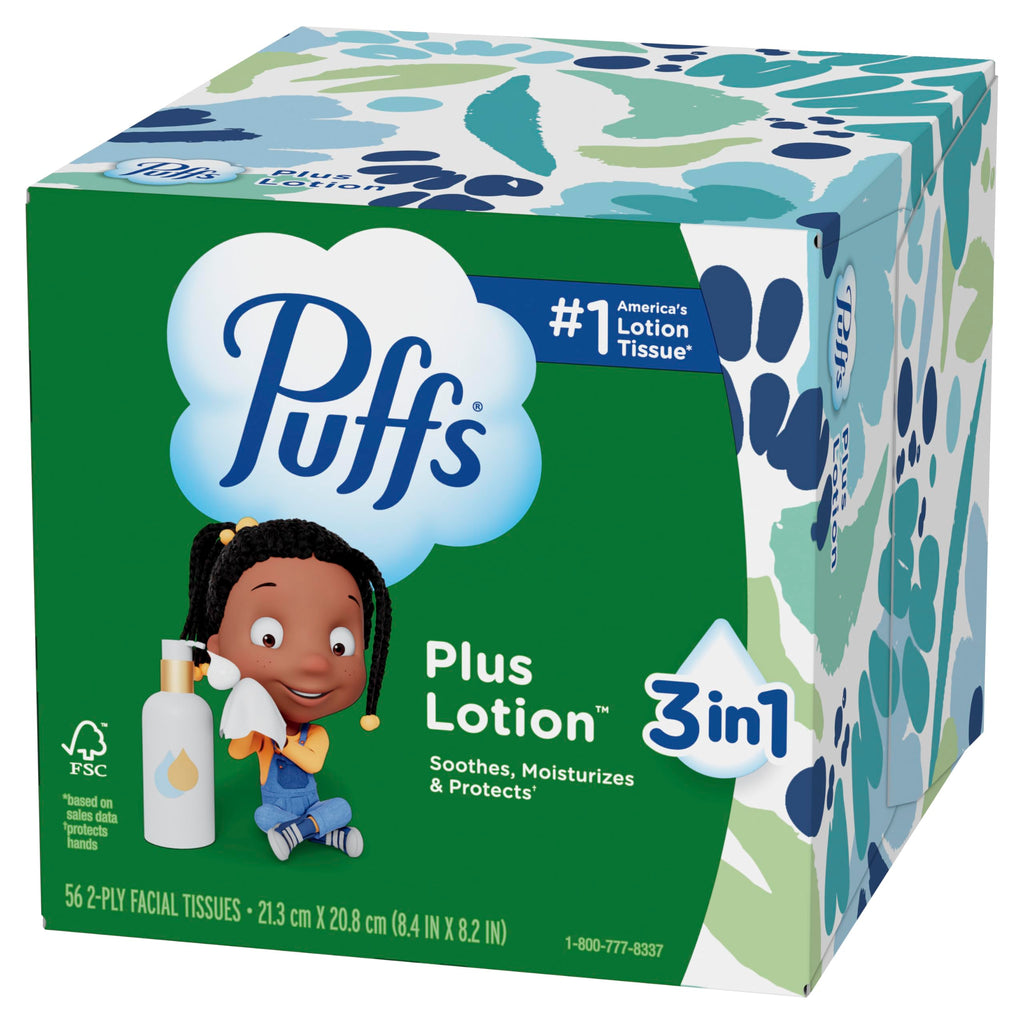 Puffs Facial Tissues Plus Lotion, 10 Cube Boxes, 56 Facial Tissues per Box, Allergies and Colds (Packaging May Vary)