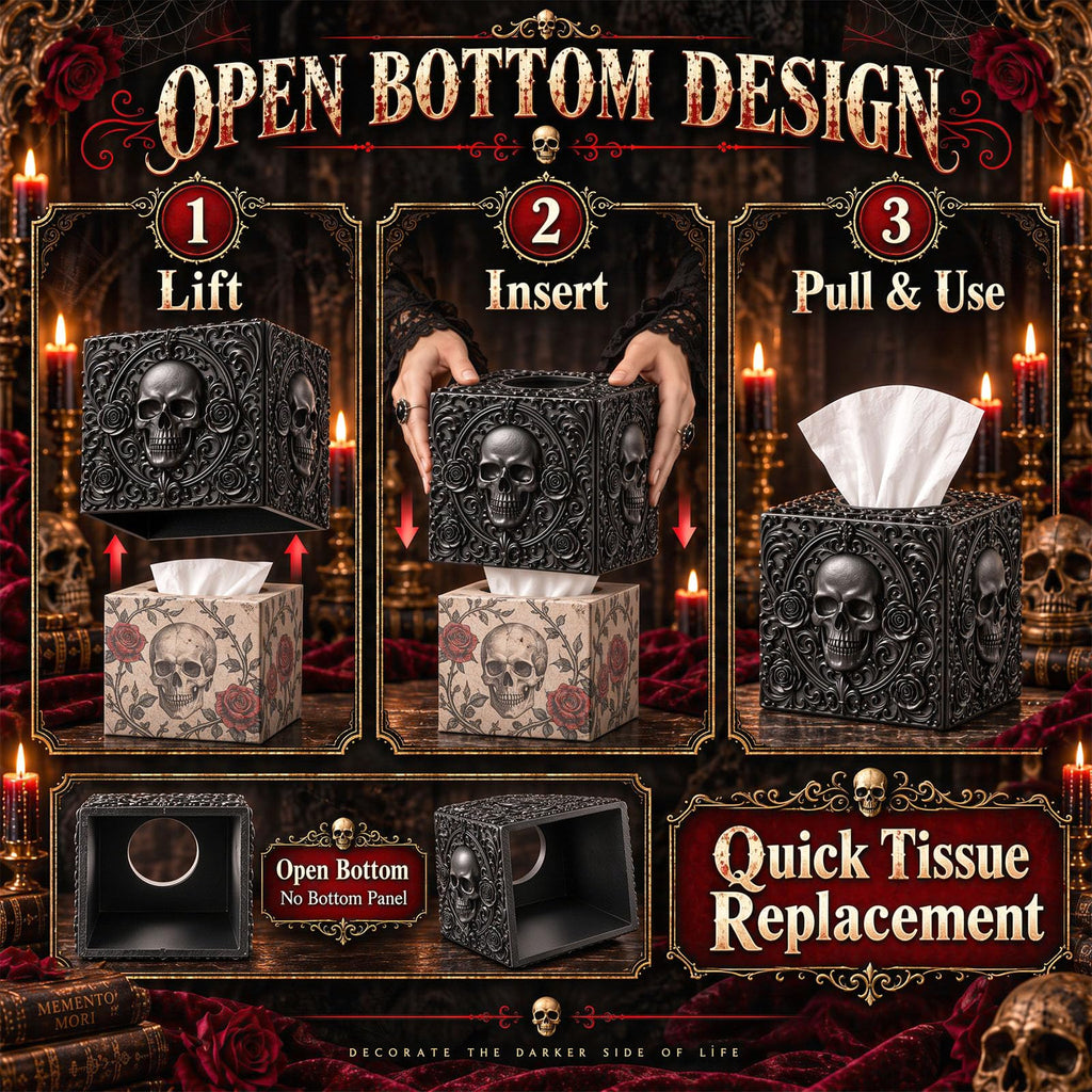 Pinkunn Halloween Skull Tissue Box Cover Black Square Gothic Style
