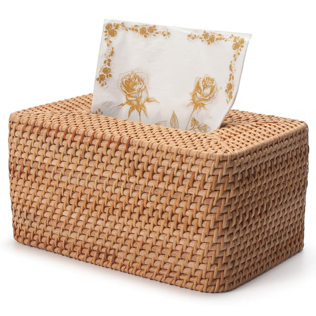 Rattan Tissue Box Cover, Rectangle Wicker Tissue Box Holder, Boho Tissue Box Cover for Living Room, Bathroom, Kitchen, Bedroom, 10.2 x 6.2 x 5.3 inch, Natural
