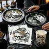 121 Pcs Gothic Halloween Party Tableware Set for 24 Guests – Black Skull Skeleton Disposable Plates, Cups, Napkins and Tablecloth for Spooky Gothic Halloween Party Decorations