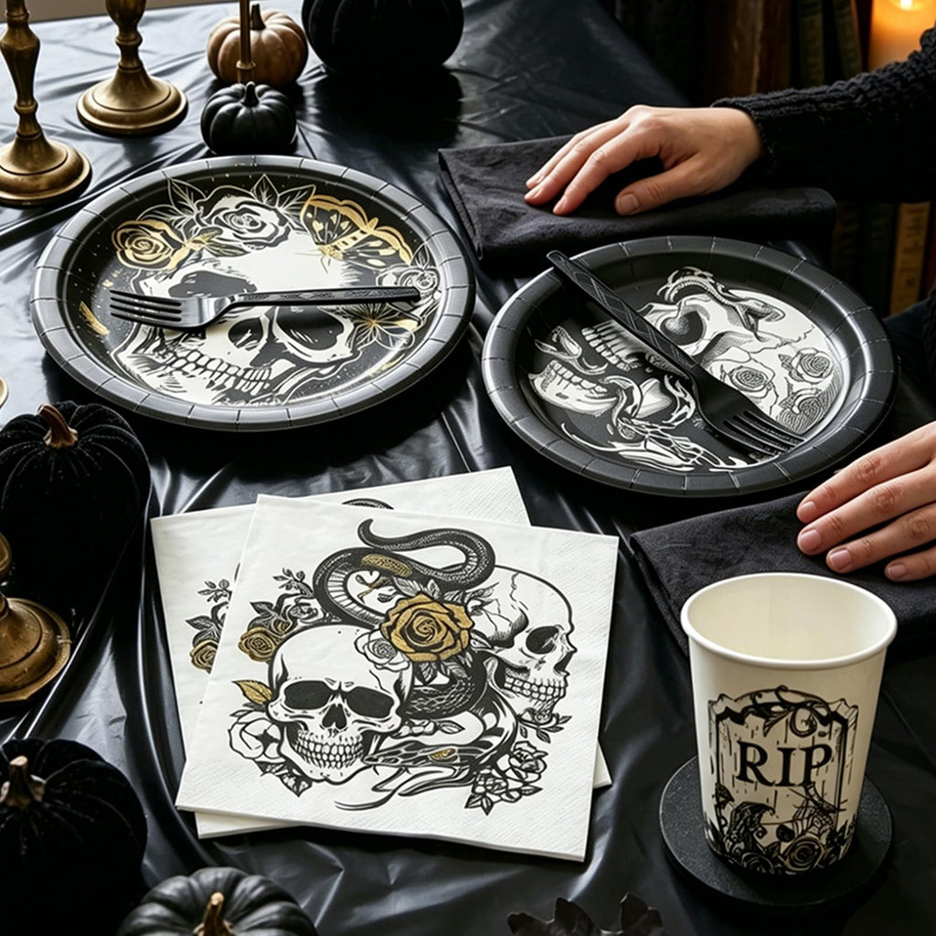 121 Pcs Gothic Halloween Party Tableware Set for 24 Guests – Black Skull Skeleton Disposable Plates, Cups, Napkins and Tablecloth for Spooky Gothic Halloween Party Decorations