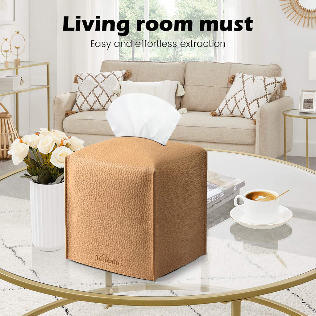 Tissue Box Cover, Tclouda, Modern PU Leather Square Tissue Box Holder for Creative Decorative, Ideal for Bathrooms/Office/Car/Nightstand/Outdoor Tent/Dining Table, 5"X5"X5", Single Claybank