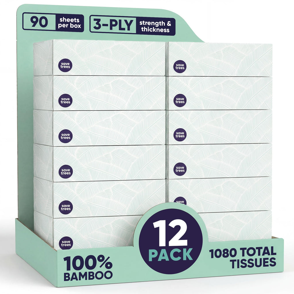 Save Trees Bamboo Facial Tissues - 12 Boxes of Eco-Friendly, 3-Ply Hypoallergenic Tissues, 90 Sheets per Box, FSC Certified, Plastic-Free Packaging, Soft & Gentle for Home Use