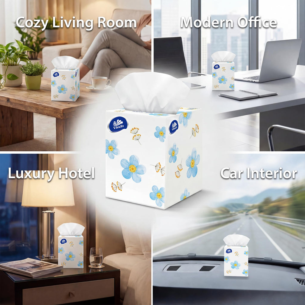 Vinda Ultra Care 3-Ply Facial Tissues, Large 8.26" x 7.48" Sheets, 82 Tissues per Cube, 8 Cube Boxes (656 Tissues Total), Soft & Strong for Home, Office, and Car