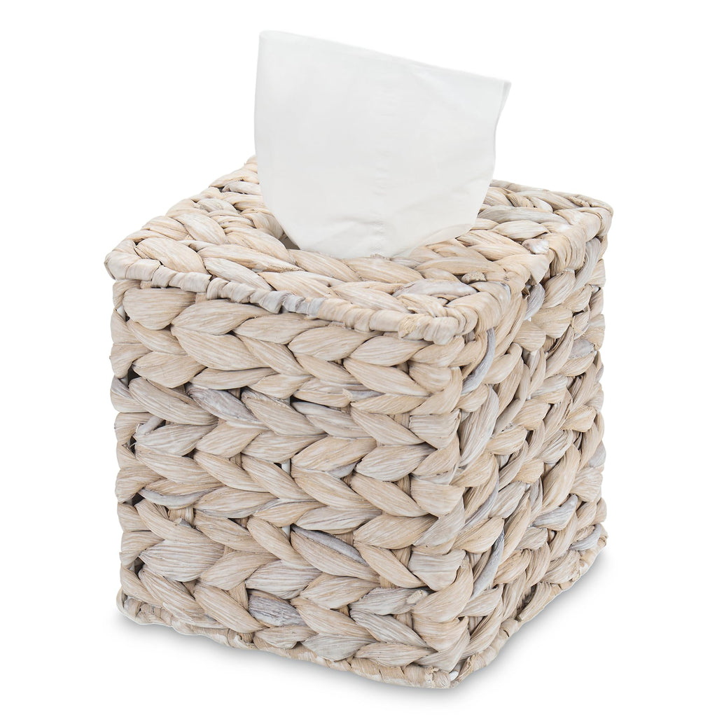 Water Hyacinth Handwoven Tissue Box Cover, Natural Handmade Wicker Napkin Box Holder, Handcrafted Square Facial Tissue, Rustic Decorative on Table and Bathroom, Office, Boho Decorative, Whitewash